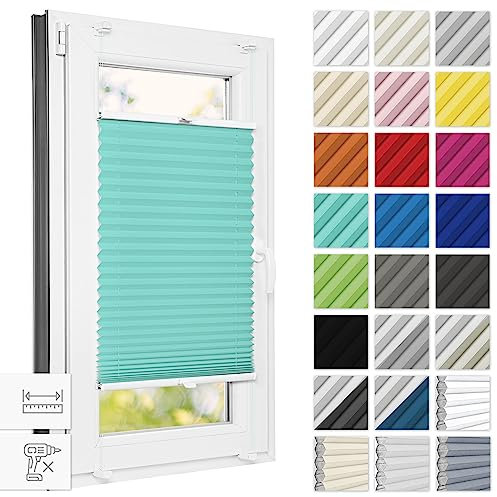 Estika Plissee ohne Bohren 80 cm x 120 cm - Türkis - Bruchfeste Klemmhalter, Plissee klemmfix, Rollos für Fenster ohne Bohren, Jalousien Fenster für innen, Raffrollo, Fenster plissee
