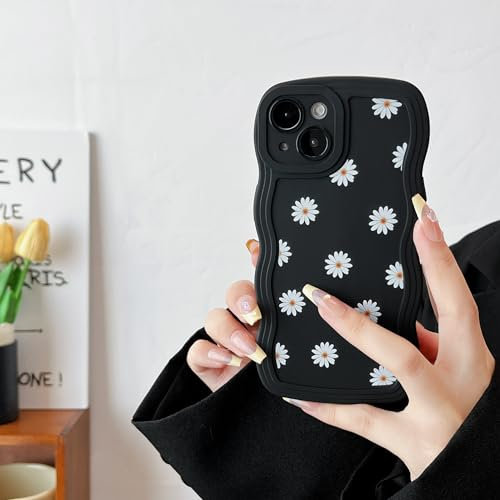 ZTOFERA Case for iPhone 15, Cute Curly Wave Frame Daisy Pattern Liquid Silicone Case, Flexible Shockproof Protective Bumper Cover for iPhone 15 6.1 - Black