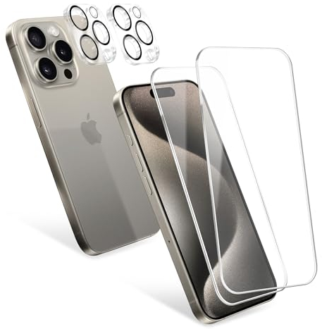 CELLONIC Apple iPhone 15 Pro, 2x vetro di protezione della fotocamera e 2x vetro di protezione dello schermo 6,1 2.5D Case-friendly 9H 0,33mm Full Glue, protezione dello schermo Vetro temperato