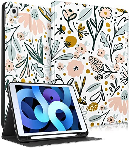 Pegmode for iPad 9th/8th/7th Generation Case Women Girls Cute Folio Cover Girly Flower Pretty Floral Unique White Design With Pencil Holder Smart Cover for Apple iPad 9/8/7 Gen Cases A2602 A2270 A2197