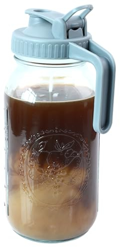 Glass Mason Jar Pitcher With Pour Spout & Handle 2 Quart Airtight Water Carafe Breast Milk Pitcher Half Gallon Wide Mouth 64 Oz Fridge Mason Jug For Sun Tea Lemonade Ice/Hot Tea Coffee, Fruit Drinks