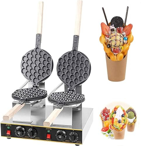 Commercial Bubble Waffle Maker 180° Rotating Electric Waffle Making Machine | 50-250℃ Non-Stick Flip WaffleIron Waffle Maker Time Control Temperature Adjustable Double Head