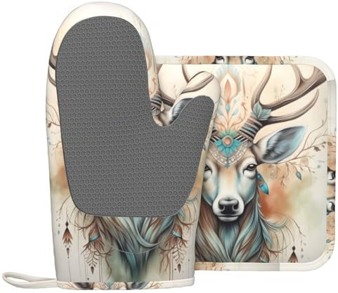 Indokyeyqaz Set di guanti da forno e presine rustici a forma di cervo animale, guanti da barbecue in silicone resistenti al calore, per cucina, cottura al forno, grigliare e microonde