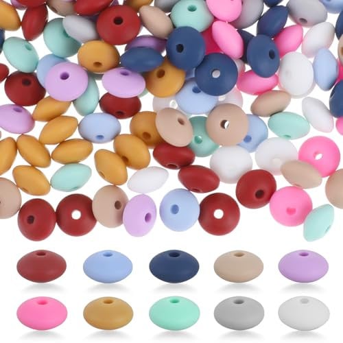 200Pcs Silicone Lentil Beads, 12MM Focal Beads for Bracelet Making (10 Colors), Assorted Colorful Rubber Spacers for Jewelry, Keychain Making, DIY Handmade Crafts for Girls