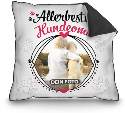 PR Print Royal Hunde-Kissen mit Foto Allerbeste Hundeoma - Geschenk für Hundefreunde zum Geburtstag | Personalisiertes Geschenk, inkl. Füllung, Rückseite Schwarz
