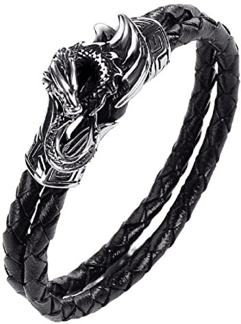Drachen Armband für Männer, Drachenflügel-Armband für Jungen, Wikinger-Drachen-Armreif, Punk-Drachen-Manschettenarmband, Flügeldrache Geflochtenes Lederarmband, Drachenkopf-Armband Drachenschmuck