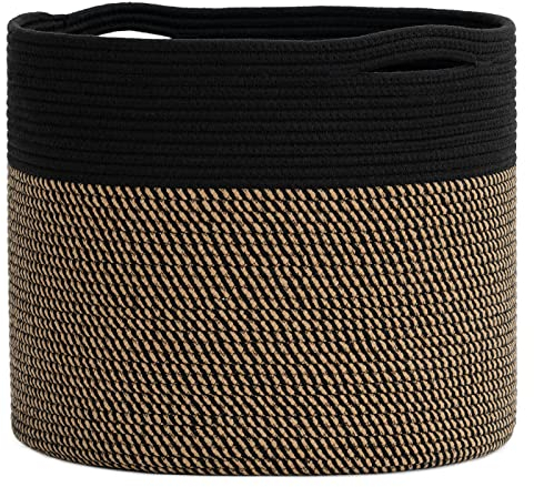 TIMEYARD Aufbewahrungskorb Kinder, Wäschekorb Geflochten, Baumwolle Seil Korb Geflochten für Decken Spielzeug im Kinderzimmer, 40x35 cm, Jute & Schwarz