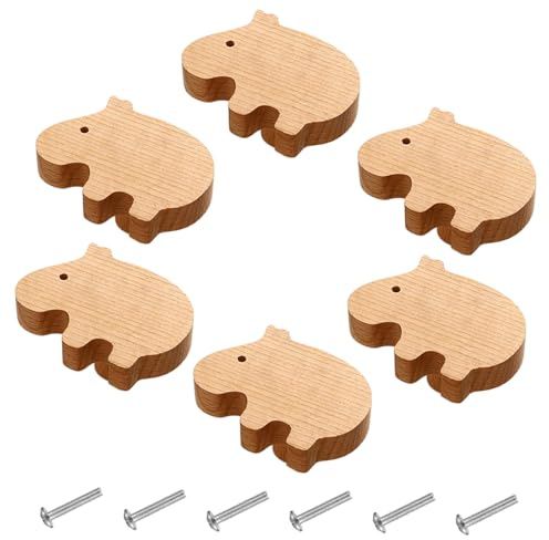 6 Stück Holz Tier Schrankknöpfe, Holzknäufe mit Tiermotiven, Holzgriffe für Schränke, Tierform Möbelknöpfe Kinder mit Schrauben, Knauf für Kinderschrank, Möbelknopf für Schubladen, Kommode, Nilpferde