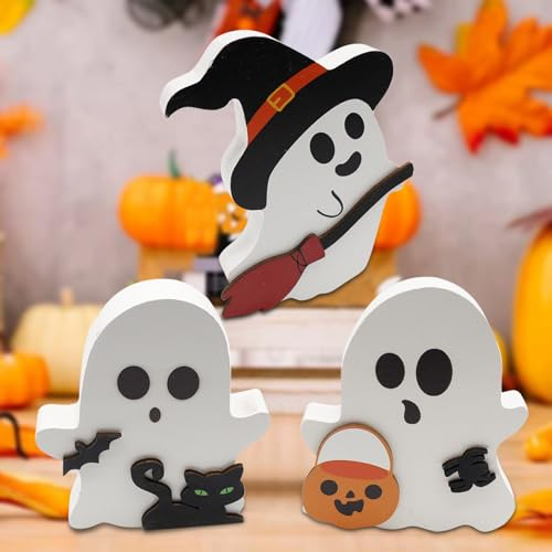 SOETDERT Halloween Deko Geister, 3 Stück Niedliche Geist Halloween Dekoration, Holz Tischschild mit Hexengeist, Kürbis, Schwarze Katze, Halloween Tischdeko, Halloween Party Deko für Zuhause Innen