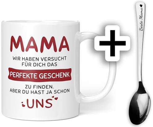 Geschenkideen Mama Tasse mit Löffel Geschenk Set - Perfekte Geschenk - Geschenke für Mama Weihnachten - Mama Geschenk Geburtstag (Mama Geschenk - Uns - Rot + Löffel)