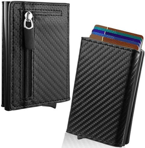 Portefeuille Homme, Protection Brosse Antivol RFID, Portefeuille Femme avec Compartiment Zippé pour Pièces de Monnaie, Porte Carte en Aluminium Pop-up Automatique, étui Carte Bancaire Prêt à Offrir