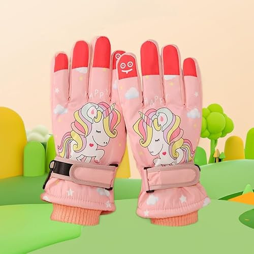 DHSUN Gants de neige d'hiver pour enfants Gants de ski pour filles et garçons, palmiers en PU, imperméable, coupe-vent, gants d'hiver chauds (licorne rose, L)