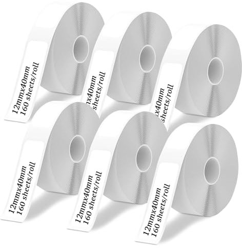 Farerkass Thermo-Etikettenband, 6 Rollen Etiketten Papier für Etikettendrucker, 12x40mm Etikettierpapier, Wasserfeste Thermoband Etiketten, für Büro Haus Schule