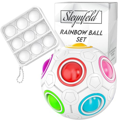 Steynfeld® Regenbogenball Puzzle Set (weiß) + Gratis Popit – Geschicklichkeits- & Knobelspiel für Kinder & Erwachsene, fördert Konzentration, Feinmotorik & räumliches Denken, ideal zum Stressabbau
