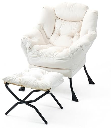 SNDMOR Sessel mit Hocker, Sessel Relaxsessel mit Metallgestell, Minimalistischer Polstersessel mit Seitentaschen, Geeignet für Schlafzimmer, Wohnzimmer, Balkone, Studie（Cremefarben）
