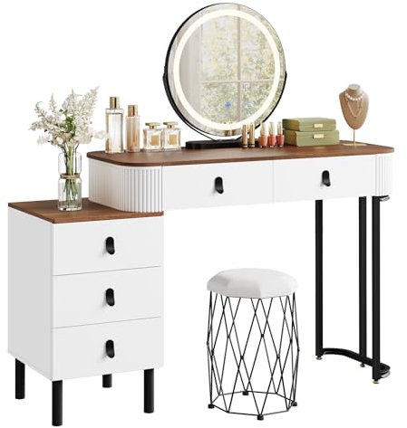 WOLTU Schminktisch mit LED-Beleuchtung und Hocker, Frisiertisch mit Spiegel in 3 Lichtfarben, Kosmetiktisch mit 1 Seitenschrank 2 Schubladen, modern, Holzdruck orange-braun