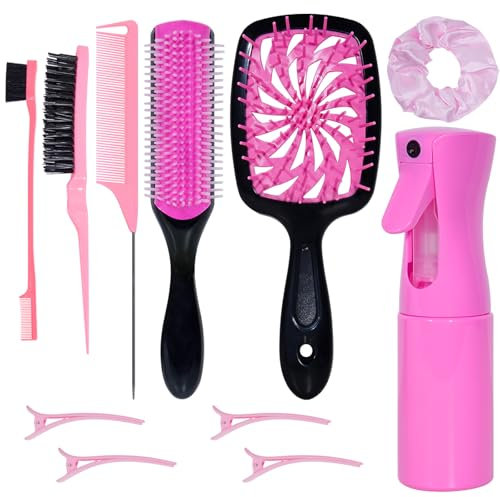 11 Pcs Hair Brush Set, Detangle Hair Brush And Spray Bottle, 3 Pieces Smooth Hairbrush For Toddlers, Suitable For Wet and Dry Hairstyles, Suitable For Adults And Children. (Pink)