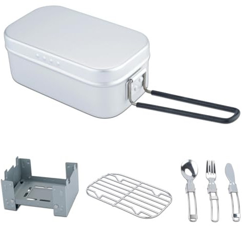 Camping Mess Tin for 1, ISFORU Aluminium Bento Box Military Camping Cookware Kit Lightweight Lunch Container with Cutlery Set for Picnic Hiking Fishing Cooking Outdoor, 800ml