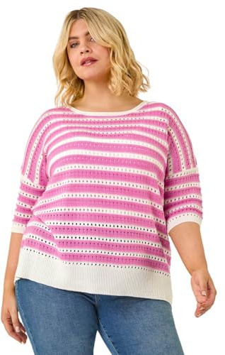 Roman Curve Crochet Stripe Knit Top for Women UK - Ladies Everyday Holiday Spring Summer Round Neckline Comfy Soft Evening Vacation Work Party - Pink Plus - Size 16