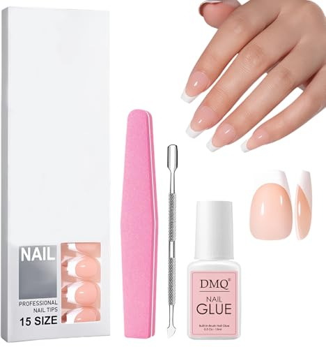 120Pcs French False Nails, Nude Square Full Cover Press On White Tips | Pre-applied Tip Primer & Base Coat No Need File False Nails for Women DIY Nail Art (Nude)