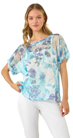 Roman Mesh Overlay Floral Print Blouse for Women UK - Ladies Smart Top Casual T-Shirt Summer Spring Flower Printed Mesh Layer Stretch Jersey Comfy Tee Shirt