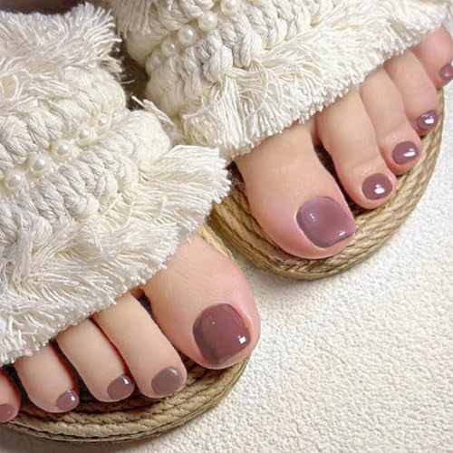 24Pcs Retro Red Brown Press on Toenails – Short Square French Tip Fake Toe Nails, Glossy ABS Stick-on Toe Nails for Women, Reusable Full Cover, Spring Summer Style