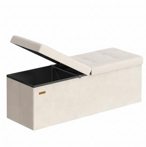 SONGMICS Pouf Pieghevole, Cassapanca, 38 x 110 x 38 cm, Coperchio Ribaltabile, Capacitàdi Carico Statico 300 kg, per Corridoio, Soggiorno, Camera da Letto, Velluto, Beige Cappuccino LSF078LH01