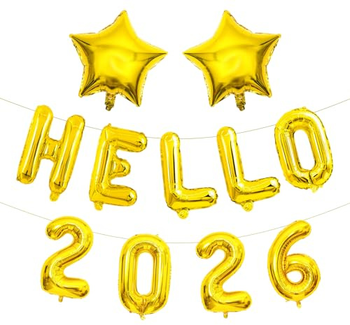 Silvester Deko 2026, Hello Decoration 2026 Set, Glänzende Gold Zahlen 2026 und Stern Folienballons, Happy New Year Girlande, Neujahr Deko Ballon Silvester Party Helium Ballon Girlande