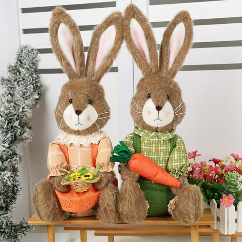 Osterdeko Hase Figuren, 2 Stück Plüsch Osterhasen Figuren Osterdeko Tisch Osterhasen Deko Figur mit Karotte Blumenkorb Frühlingsdeko Kaninchen Puppen Hase Deko Figur Ornamente für Osterdekoration (C)