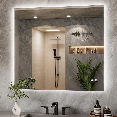 TETOTE Badspiegel mit Beleuchtung 100x90cm, Rechteckiger LED Badezimmerspiegel ohne Rahmen, Wandspiegel mit Touch-Schalter, 3 Lichtfarben dimmbar, Antibeschlag, Speicherfunktion, IP44