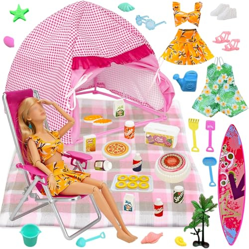 35 PCS Kleidung Camping Sets Kompatibel mit 11,5 Zoll Puppen, 1 Zelt, 1 Picknickdecke, 1 Stuhl, 1 Surfbrett, 12 Strandspielzeuge, 13 Essensutensilien, 2 Sommeroutfits Zubehör Geschenk Mädchen