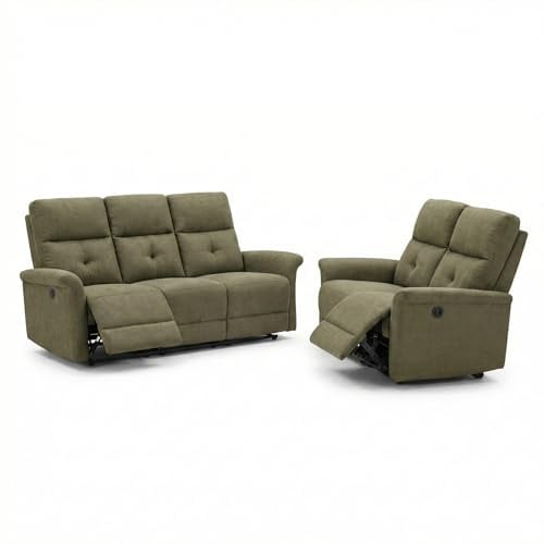 Cribel Divano Relax Elettrico 3+2 Posti con 4 Recliner Elettrici | Set Divano Reclinabile Elettrico in Tessuto Britannico | Poltrone Relax Elettriche per Salotto 189x92x100 + 138x92x100 cm