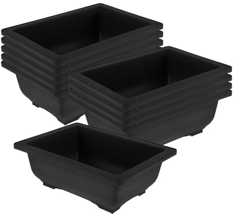 GATHINESS 12 Macetas Rectangulares de Plástico para Bonsáis y Suculentas, Jardineras Vintage para Interior y Balcón, Plato Recogegotas, Tamaño 16 Cm, Juego para Decoración y
