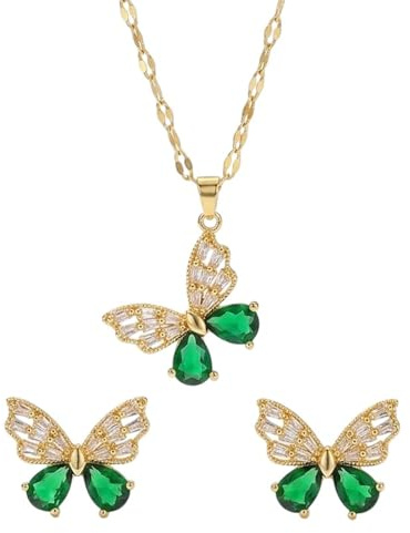 meberg Karma NH10663093 Schmuckset Schmetterling Damen Edelstahl Zirkone Gold Grün Ohrringe verstellbar Halskette Geschenk für Sie wasserfest hypoallergen rostfrei