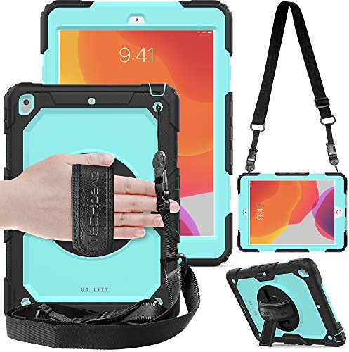 TECHGEAR UTILITY Case fits Apple iPad 10.2 2021 2020/2019 [9th / 8th / 7th Generation] Tough Rugged HEAVY DUTY Armour Shockproof Case 360 Degree Rotating Stand, Hand and Shoulder Strap Case - Aqua