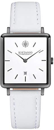 Kistanio Carré Damenuhr mit Lederband Datum Edelstahl Gunmetal Saphirglas GM-WH-L-WH