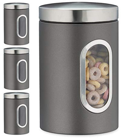 Relaxdays 4 x Vorratsdose, 1,4 L, mit Deckel und Sichtfenster, für Kaffee, Mehl, Pasta, Aufbewahrungsdose Küche, Metall, grau