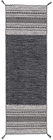 carpetfine Flachgewebeteppich Kelim Azizi Läufer Schwarz 75x200 cm | Moderner Teppich für Wohn- und Schlafzimmer