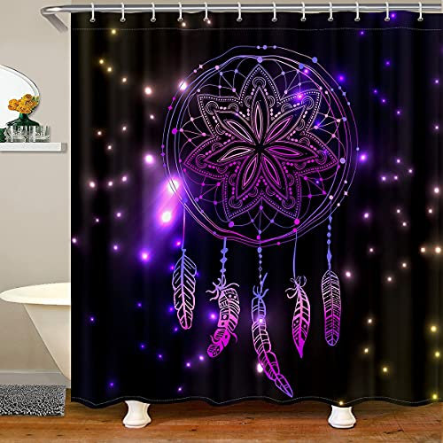 Loussiesd Lila Traumfänger Duschvorhang 180x200cm Mädchen Frau Böhmen Feder Duschvorhang Textil Mit Haken Stammes Exotisch Mandala Traumfänger