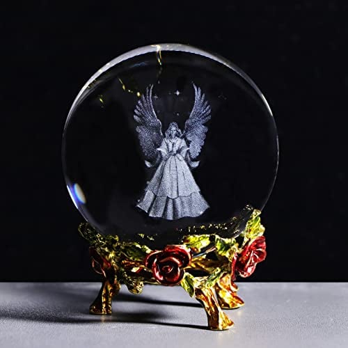 60MM K9 Crystal 3D Guardian Angel Figurines Ball with Rose Metal Stand Home Glass Angel Wings Ornament, Memorial Gift for Women