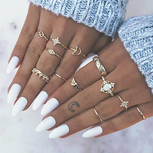 Prosy Boho Crystal Crescent Moon Wave Star Knuckle Knot Rings Set Stapelbarer Gold Fingerring für Frauen und Mädchen