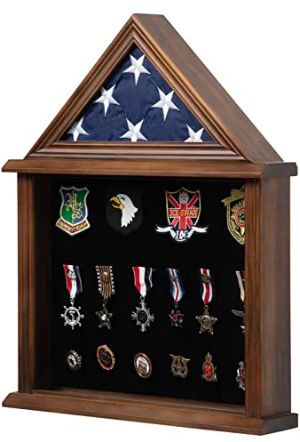 Zmiky Vitrine mit amerikanischer Flagge aus Massivholz, passend für eine 7.6x12.7 cm große Flagge, Medaillen, Herausforderung Münzen