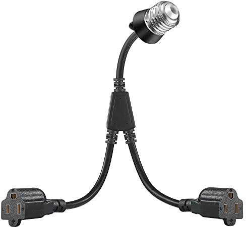 2 in 1 Light Socket - Plug Adapter, Convert E26/E27 Bulb Socket to 2 Pieces Extension Cable with 3 Pin Outlet Flexible Bulb Socket Converter Suitable for Porch Patio Garage Use (1