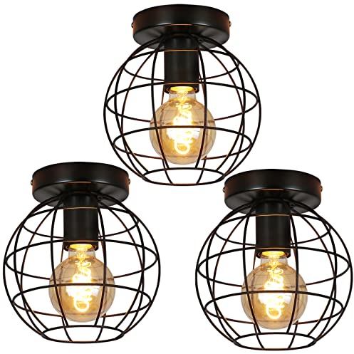 ZMH 3ER Deckenleuchte vintage Deckenlampe flur - schwarz Retro Lampe E27 Fassung industrielle runde Flurlampe aus metall leuchte für gang küche schlafzimmer wohnzimmer - max 40W - Ø180mm