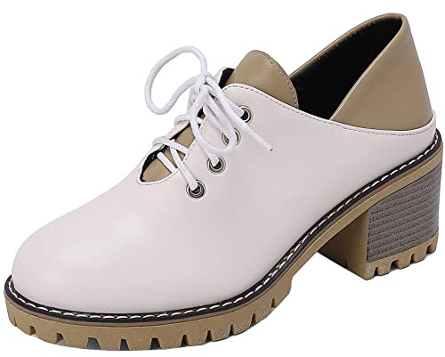 Mo Joc Zapatos de mujer Oxford con punta redonda y tacón grueso mediano con cordones para trabajo/empresa