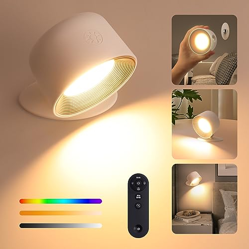 DESGNT Applique murale intérieure,Lampe murale sans fil avec Télécommande,3 Niveaux de Luminosité, 16 Modes de Couleur, Lampe LED rechargeable,Rotation à 360°,pour Chambre,Couloir.(Rond blanc)