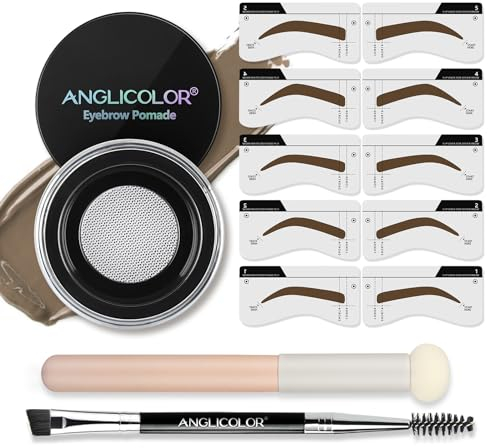 Anglicolor Augenbrauenpomade,Augenbrauenstempel und Augenbrauenschablonen-Set,Wasserfeste Augenbraue,Augenbrauenpinsel mit zwei Enden und Schwammapplikator (02 TAUPE Set)