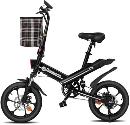Bodywel T16PRO Bicicleta Eléctrica Plegable, 14 Portable E-Bike, City EBike con 4.5 Pulgadas Pantalla LED, Batería 36V/7.8Ah, Frenos de Doble Disco y Suspensión Delantera, Unisex Adulto (Negro)