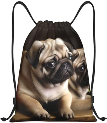 VducK Rucksack mit Kordelzug, Motiv: Welpen, Mops, wasserdicht, mit Kordelzug, verstellbar, Sportbeutel, Schwarz , M