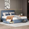 I0I&I0I Luxuriöses Polsterbett 140 x 200 cm – Doppelbett mit Schubladen, Lattenrost und Rückenlehne, Leinenbett in stilvollem – Ideales Schlafzimmermöbel für Erwachsene und Jugendliche (Blau)